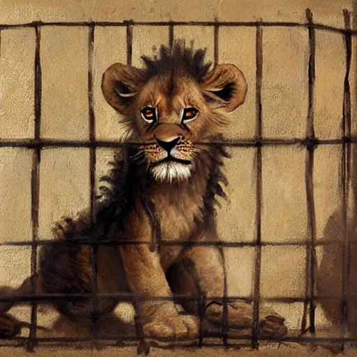 Image similar to cute lion cub with a scorpion tail in a cage on a medieval fantasy market, oil painting, manticor cub, by greg rutkowski
