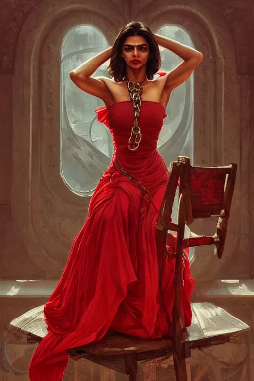 Image similar to deepika padukone, in a red dress, bound with a chair, realistic portrait, symmetrical, angry face, tied with chains, highly detailed, digital painting, artstation, concept art, smooth, sharp focus, illustration, cinematic lighting, art by artgerm and greg rutkowski and alphonse mucha