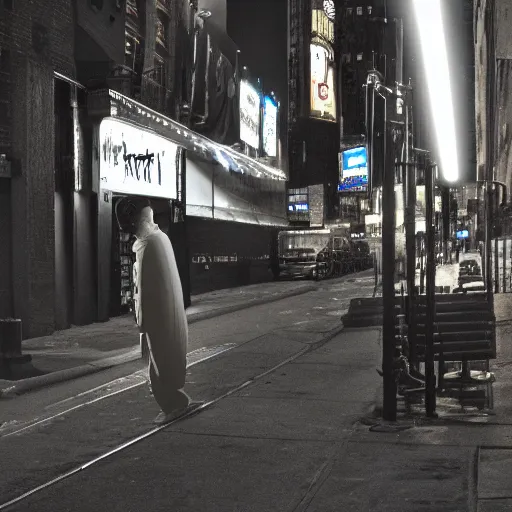 Prompt: ghost of New York, smoking a cigarette outside a bar, NYC sidewalk, city lights, spooky Halloween fun, trending on artstation, 8k, 4k, volumetric lighting, unity