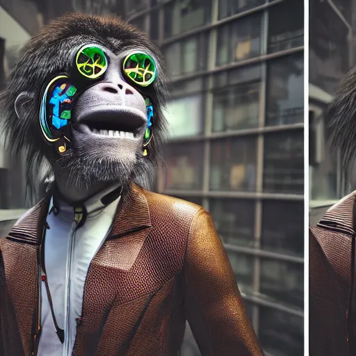 Image similar to Photography of ultra mega super hyper realistic detailed monkey by Hiromasa Ogura wearing cyberpunk style suit . Photo shoot from 30 meters distance on Leica Q2 Camera, Rendered in VRAY and DaVinci Resolve and MAXWELL and LUMION 3D, Volumetric natural light. Wearing cyberpunk suit with many details by Hiromasa Ogura .Rendered in VRAY and DaVinci Resolve and MAXWELL and LUMION 3D, Volumetric natural light
