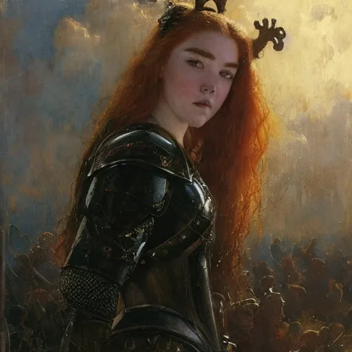 Prompt: young redheaded florence pugh, wearing black ornamented medieval armour, detailed, by gaston bussiere, bayard wu, greg rutkowski, giger, maxim verehin, greg rutkowski, masterpiece, sharp focus,