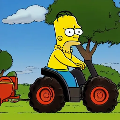 Prompt: A cyclops riding a tractor listening to AirPods in the style of the Simpsons