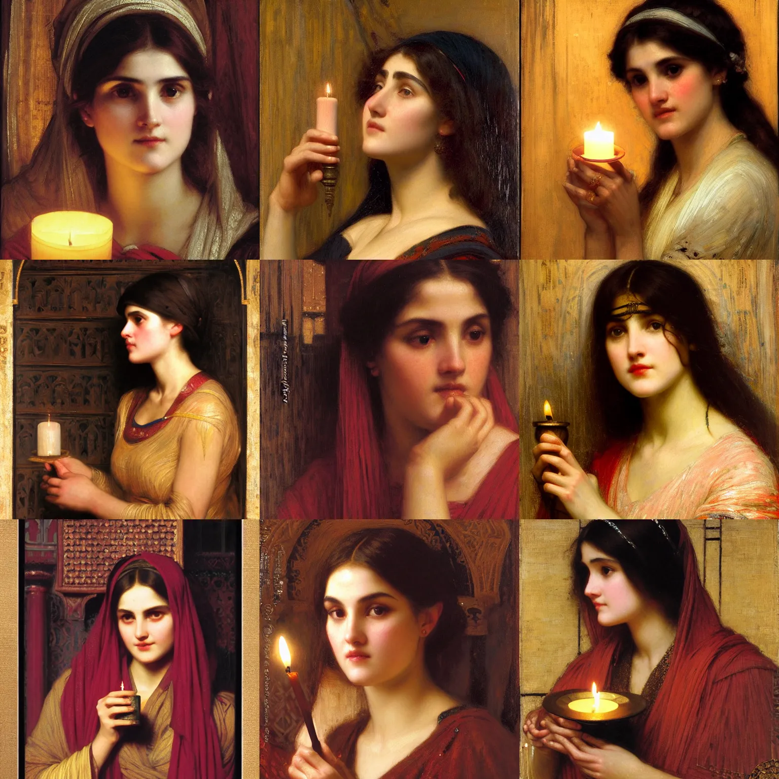 Prompt: orientalism face detail of a cute woman holding a candle in the dark by edwin longsden long and theodore ralli and nasreddine dinet and john william waterhouse, masterful intricate art. oil on canvas, excellent lighting, high detail 8 k