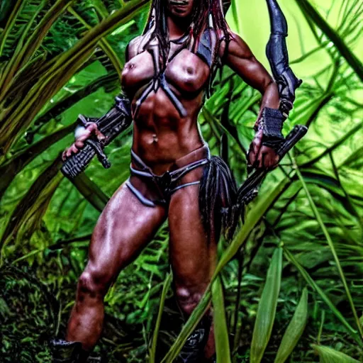 Prompt: Female predator version of the trophy hunter from the Predator Universe posing in the jungle