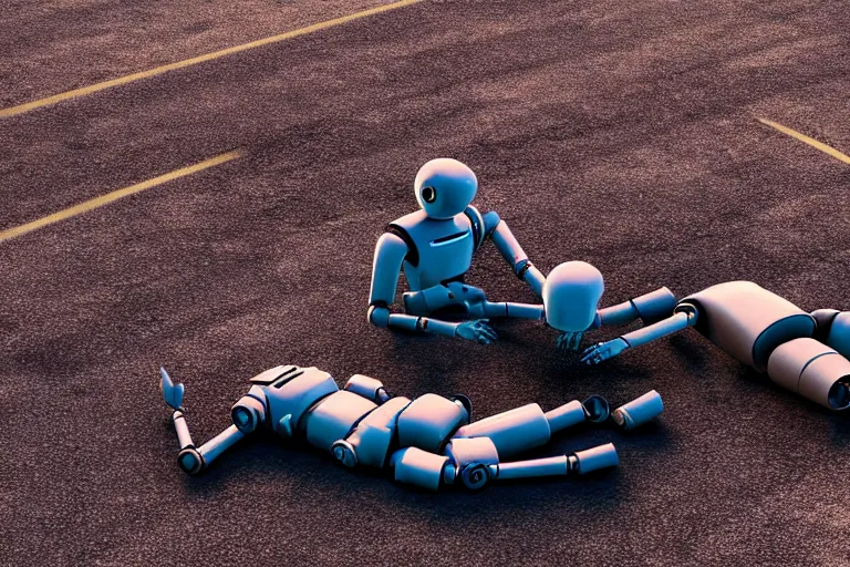 Prompt: vfx film closeup, dead robot couple on the ground holding hands, city street tire tracks fire. flat color profile low - key lighting award winning photography arri alexa cinematography, hyper real photorealistic cinematic atmospheric cool colorgrade