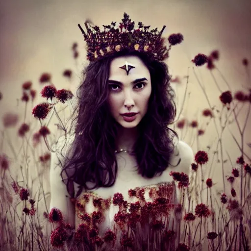 Prompt: fine art photo of the beauty goddess gal gadot, she has a crown of dried flowers, by oleg oprisco