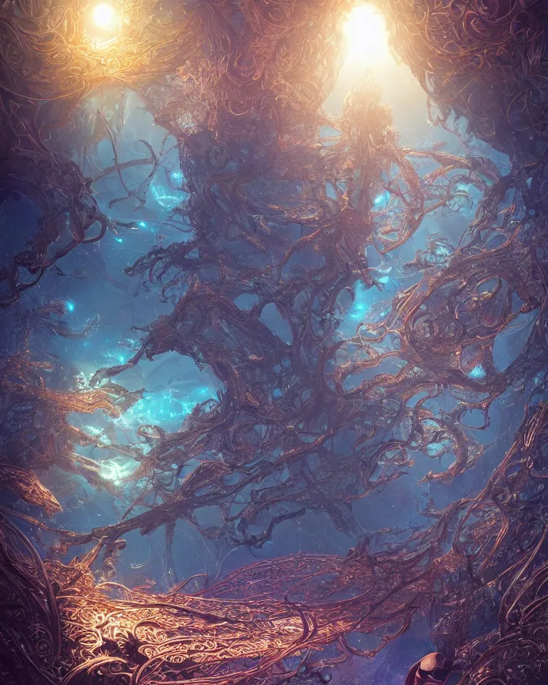 Image similar to Quantum entanglement, intricate, elegant, fantasy, sci-fi, highly detailed, digital painting, concept art, sharp focus, illustration, beautiful volumetric lighting, epic light, artstation, magic hour lighting, colorful, sunshine, springtime, art by Sylvain Sarrailh and Ernst Haeckel