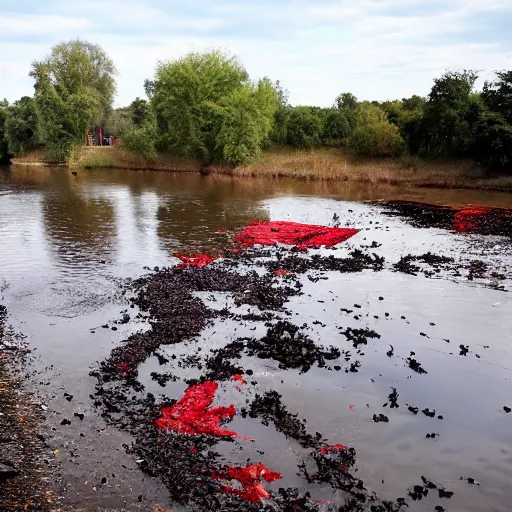 Prompt: odra river filled with blood and bodies of dead fauna in decay, high quality, informative press report photo 1 / 8 f