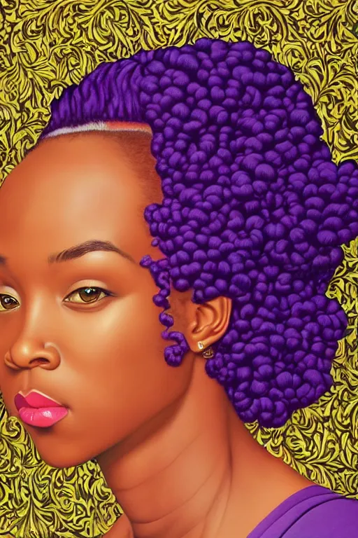 Prompt: Beautiful young woman with purple hair, artwork by Kehinde Wiley