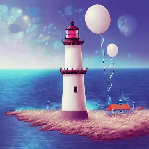 Prompt: plenty of floating birthday balloons. beautiful sea with a lighthouse. digital art, highly - detailed, artstation cgsociety masterpiece