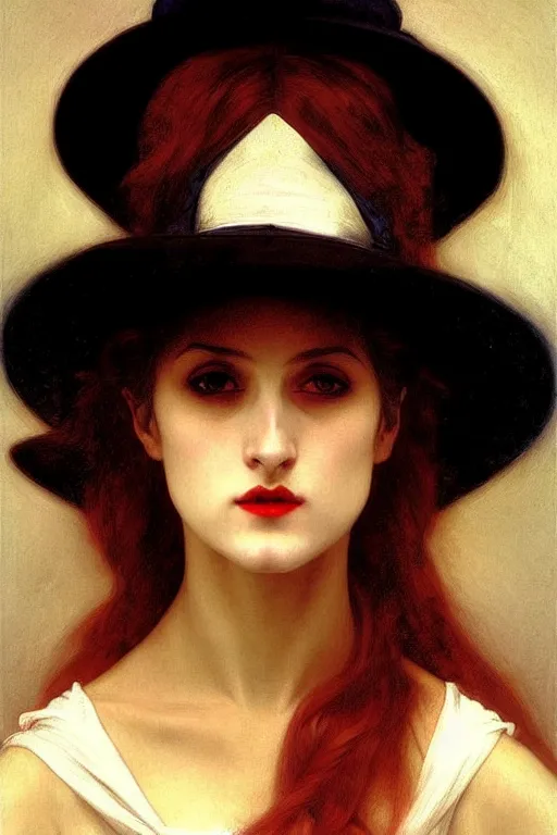 Image similar to vampire in a big hat, painting by rossetti bouguereau, detailed art, artstation