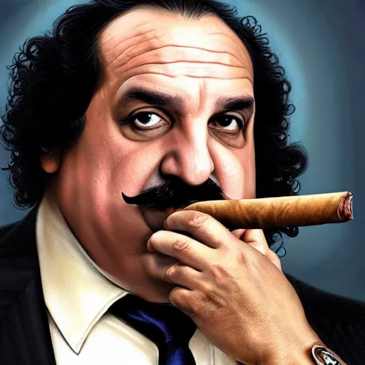 Image similar to handsome Ron Jeremy as President of United States of America as GTA character smoking a cuban cigar, sci-fi fantasy, closeup, D&D, intricate, elegant, highly detailed, digital painting, artstation, concept art, matte, sharp focus, illustration, art by Artgerm and Greg Rutkowski and Alphonse Mucha