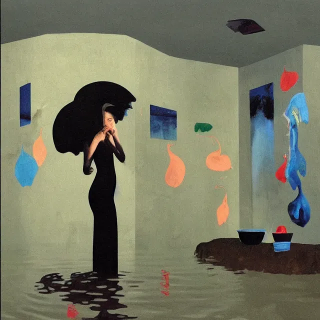 Image similar to tall female emo artist in her flooded apartment, water gushing from ceiling, painting of flood waters inside an artist's home, a river flooding indoors, pomegranates, pigs, ikebana, zen, water, octopus, river, rapids, waterfall, black swans, canoe, berries, acrylic on canvas, surrealist, by magritte and monet