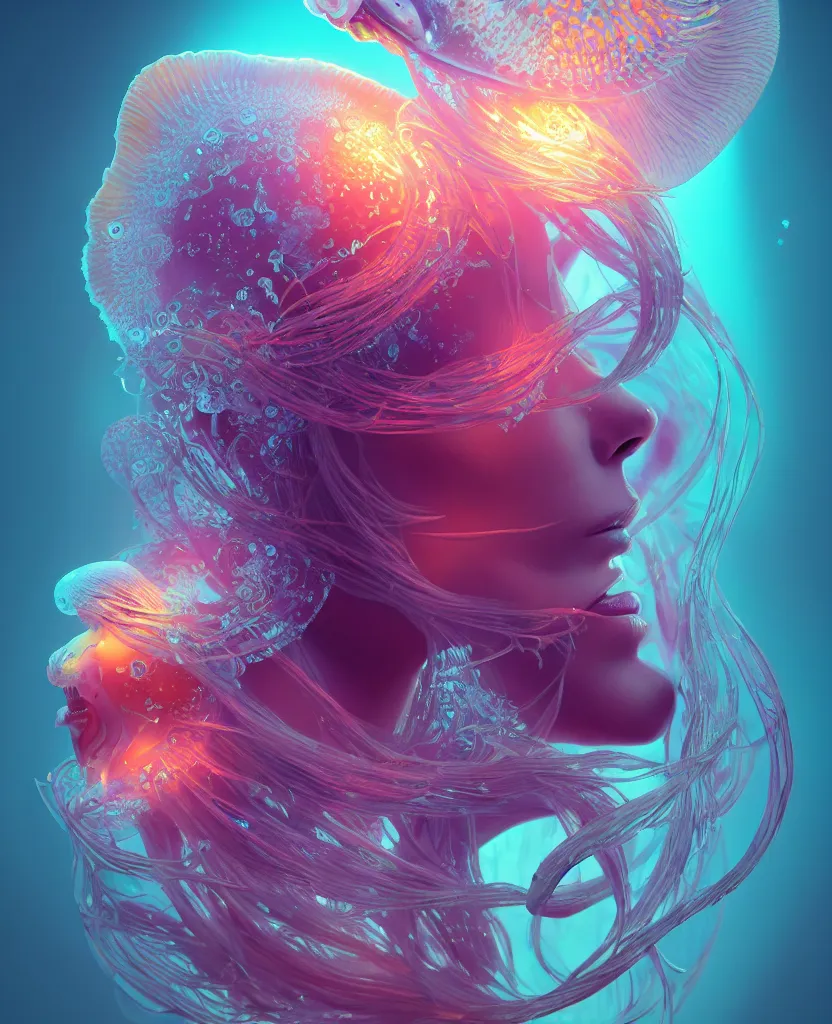 Image similar to goddess close-up portrait. orchid jellyfish phoenix head, nautilus, skull, betta fish, bioluminiscent creatures, intricate artwork by Tooth Wu and wlop and beeple. octane render, trending on artstation, greg rutkowski very coherent symmetrical artwork. cinematic, hyper realism, high detail, octane render, 8k