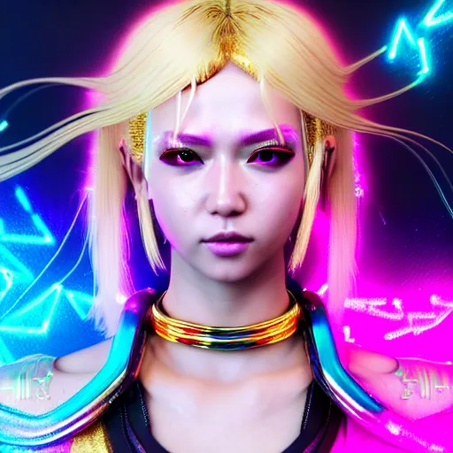 Image similar to hyperdetailed portrait of a stunningly beautiful cyberpunk cutie with blonde hair guard made of iridescent metals and shiny pink gems, bright rainbow nimbus, gold necklace, gold background inspired by ross tran and masamune shirow and kuvshinov, intricate, photorealistic, octane render, rtx, hdr, unreal engine, dnd digital art by artgerm