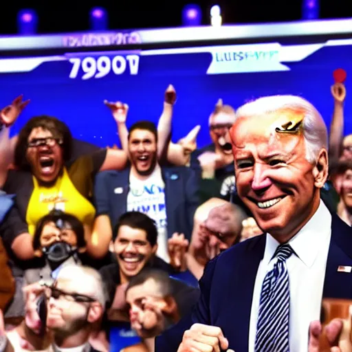 Image similar to Photograph of Joe Biden popping off after winning in a Smash Bros. tournament