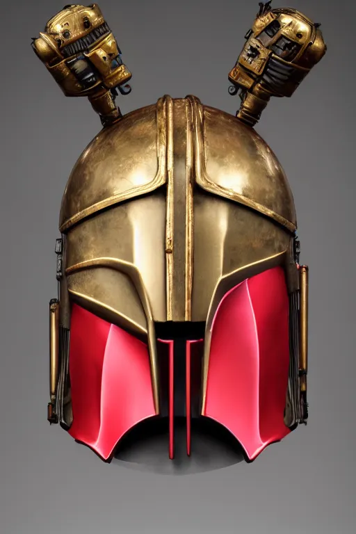 Prompt: an artistic and realistic 8k sculpture of a Mandalorian helmet, bright neon color, steampunk, dramatic lighting, silver gold red details, filigree, intricate details, cinematic, elegant, micro detail, octane render, filmic, interesting camera angle, head and shoulders, 8k post-processing, intricate art by John Collier and Alphonse Mucha and Greg Rutkowski