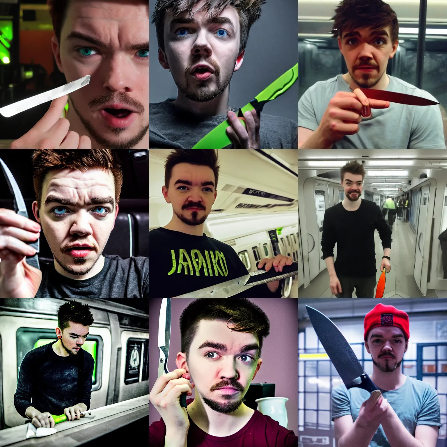 Prompt: jacksepticeye with a knife in metro, photo