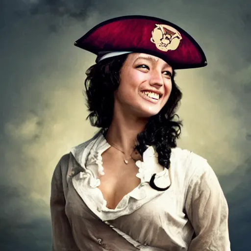 Image similar to laughing, beautiful, intelligent, tanned, female pirate captain 2 8 years old, 1 9 4 0 s haircut, fully clothed, wise, beautiful, masterful 1 8 0 0 s oil painting hanging at the louvre, dramatic lighting, sharp focus