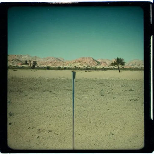 Image similar to a slot machine in the distance in the middle of a desert at night, very dark, dark lighting, old polaroid, damaged film, expired film, slightly blurry, liminal space, surreal,