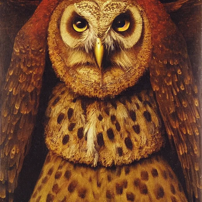 Image similar to close up portrait of the owl king. jan van eyck