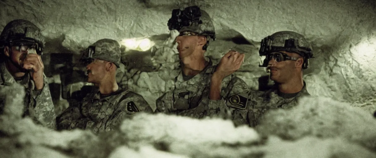 Prompt: a high quality color creepy atmospheric dimly lit extreme closeup film 3 5 mm depth of field photograph of 2 us soldiers bored having casual conversation inside a top secret military bunker in antarctica in 1 9 8 2