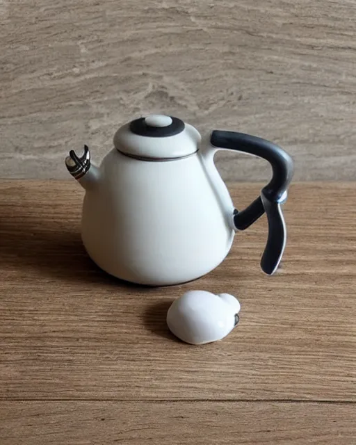 Image similar to a white tea kettle with a little porcelain gray mouse on it's spout