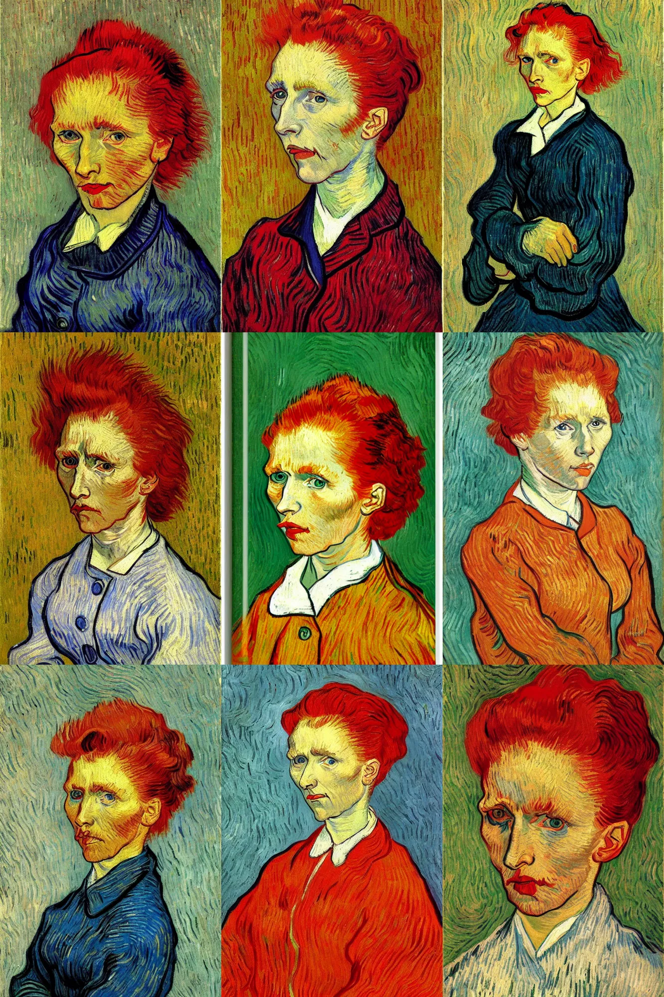 Prompt: Woman with red hair, portrait by Vincent van Gogh