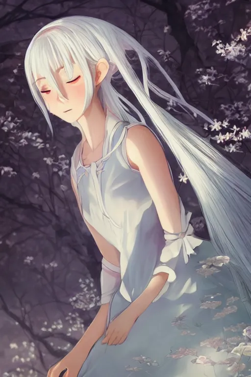 Prompt: anime girl with white hair wearing a sundress, anime style, fantasy art, digital drawing, by makoto shinkai, by wenjun lin