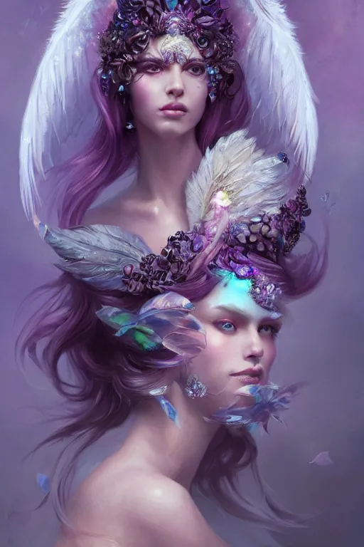 Image similar to beautiful princess with face covered with purple crystals wearing frost feathers, diamonds, angel, fantasy, dramatic lighting, highly detailed, digital painting, magic the gathering, 3 d render, hyper realistic detailed portrait, peter mohrbacher, wlop, ruan jia