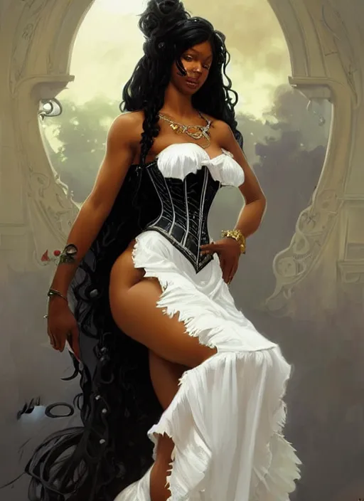 Image similar to cute black woman wearing a white corset dress, fantasy, intricate, highly detailed, digital painting, artstation, concept art, wallpaper, smooth, sharp focus, illustration, art by artgerm and greg rutkowski and alphonse mucha