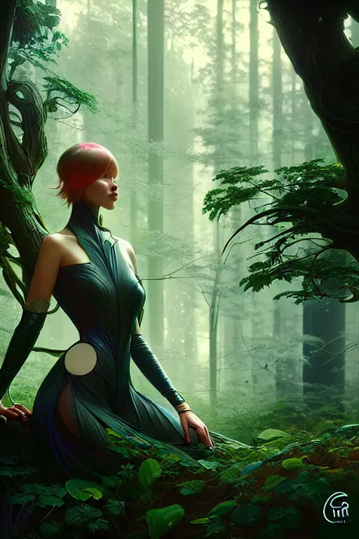 Image similar to beautiful digital painting of a stylish futuristic female forest with high detail, 8 k, stunning detail, works by artgerm, greg rutkowski and alphonse mucha, unreal engine 5, 4 k uhd