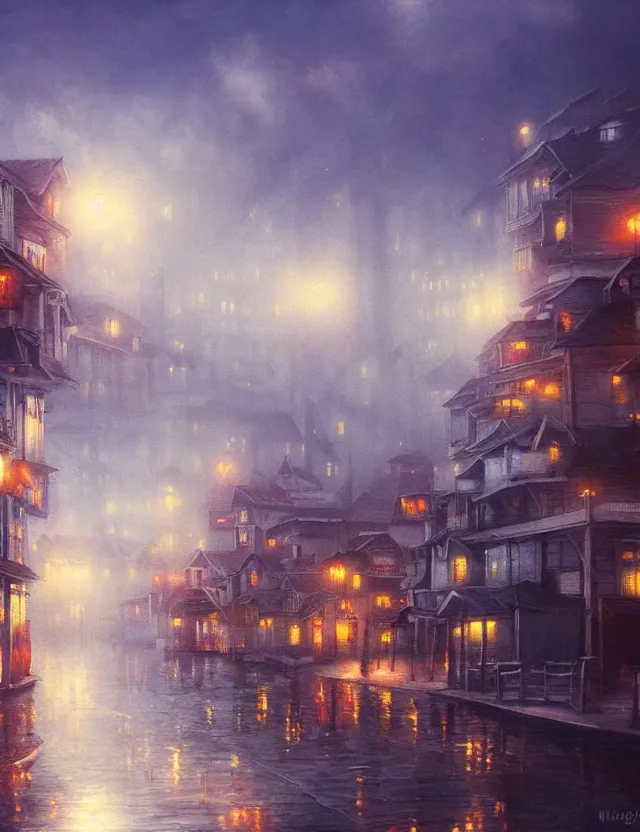Prompt: town floating in the air on a misty morning. oil painting by award - winning mangaka. backlighting, chiaroscuro, intricate details, depth of field, luminescent colors.