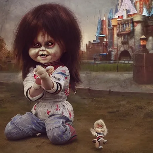 Prompt: the doll chucky in the middle of a cage fighting with doll annabelle, epic mma fight, dramatic poses, dolls are in motion, disneyland as backdrop, oil painting, by greg rutkowski