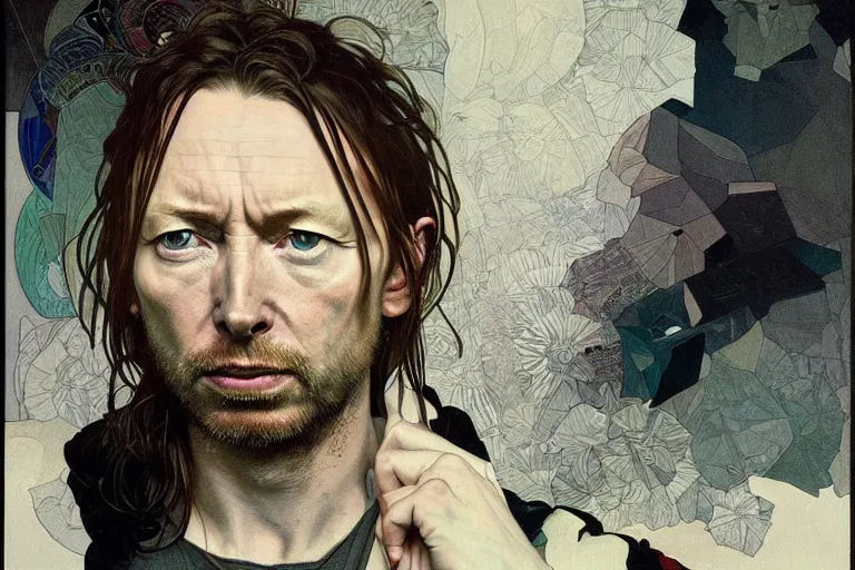 Image similar to hyper realistic portrait of thom yorke singer songwriter, side, liminal space, by lee bermejo, alphonse mucha and greg rutkowski