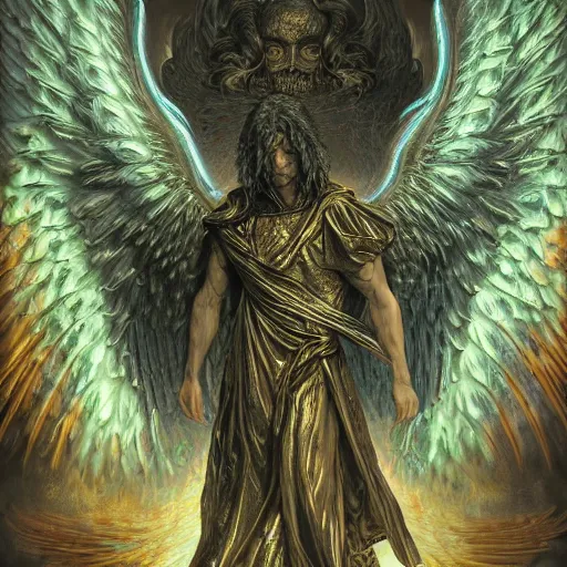 Image similar to photorealistic biblically accurate demonic archangel in the style of michael whelan and gustave dore. hyperdetailed photorealism, 1 0 8 megapixels, amazing depth, glowing rich colors, powerful imagery, psychedelic overtones, 3 d finalrender, 3 d shading, cinematic lighting, artstation concept art