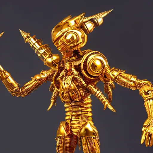 Prompt: Ornate golden armored alien cyborg with multiple eyes prepares for battle with a long spear made of gold, golden hour