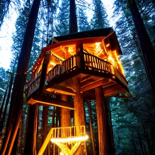 Image similar to cozy treehouse in redwood forest at night with globe lights and fairy lights