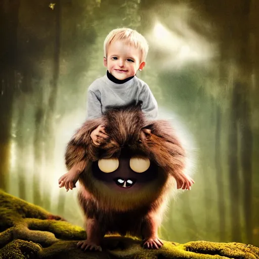 Image similar to young boy on a cute little monster with long fur on a cloud, portrait, pixar style, forest background, cinematic lighting, award winning creature portrait photography