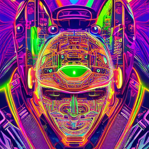 Image similar to hyperdetailed portrait of a spaced out cyberpunk aztec futurism robot head, 8 k, symetrical, flourescent colors, halluzinogenic, meditative, multicolored vector art, black background