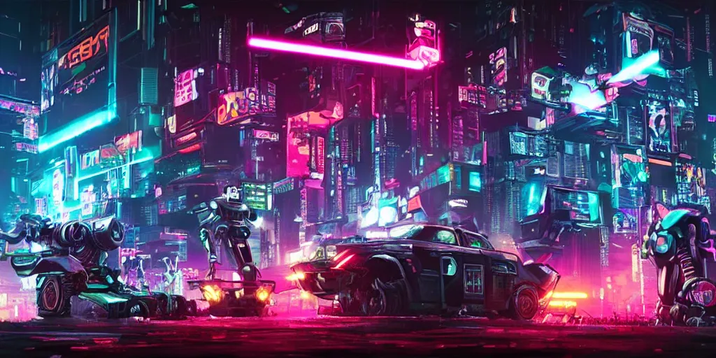 Image similar to robots battle royale cyberpunk blade runner neon night