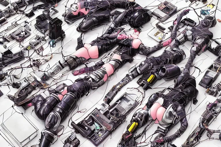 Prompt: a cyberpunk illustration of a group of female androids in style of masamune shirow, lying on an abstract, empty, white floor with their body parts scattered around in various poses and cables and wires coming out, by yukito kishiro and katsuhiro otomo, hyper-detailed, intricate, view from above