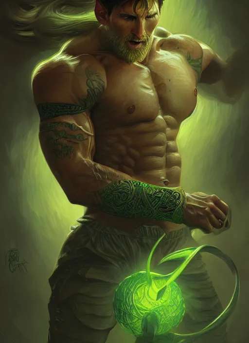 Image similar to portrait of aggressive messi, d & d, muscular! green, fantasy, intricate, elegant, highly detailed, digital painting, artstation, concept art, smooth, sharp focus, illustration, art by artgerm and greg rutkowski and alphonse mucha