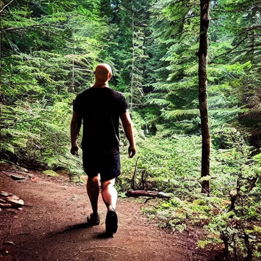 Image similar to “ poor quality nature photography of a bald man hiking in the woods with bigfoot walking by ”