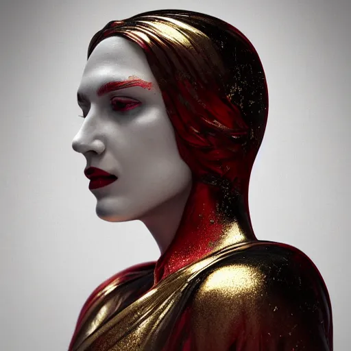 Image similar to portrait statue of evil gorgeous woman, made of white marble with gold, on the dark background, red splatters, hyper realistic, hyper detailed, by johannen voss and michelangelo, octane render, vivid colors