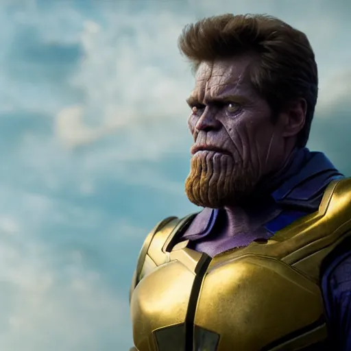 Image similar to willem dafoe as thanos, hd 4k photo, cinematic lighting