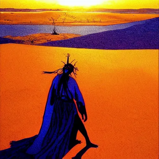 Prompt: sunset in a desert, shaman wearing a blue robe doing a ritual, energy streams, magic, drawing by moebius