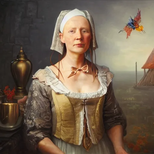 Prompt: portrait of a dutch woman ( 3 1 ) from the netherlands in 2 0 2 1, an oil painting by ross tran and thomas kincade