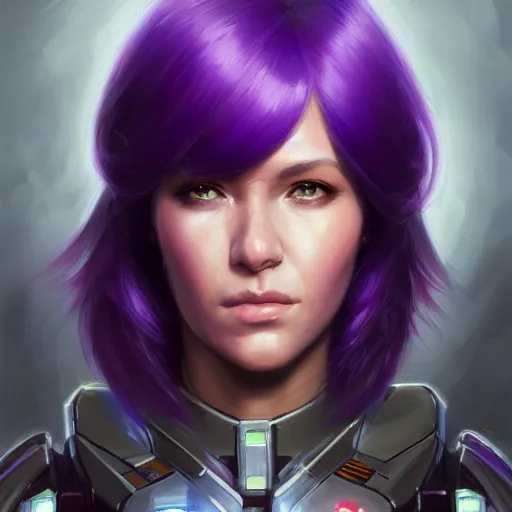 Image similar to a portrait of a very beautiful woman in battletech elemental clanner clan battle armor, Alexandria\'s genesis, chin-length purple hair, bored, illustration, soft lighting, soft details, painting oil on canvas by mark arian by artgerm, trending on artstation, 4k, 8k, HD