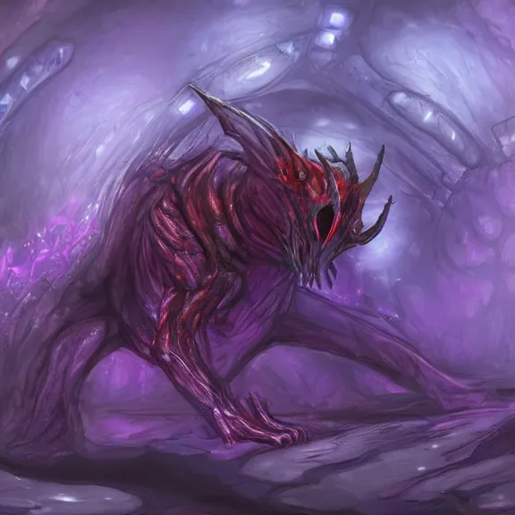 Image similar to inside a cavernous stomach, the walls purple and pulsing, acid pooling inside, acid melting a small dragon, food pov, micro pov, prey pov, vore, digital art, pov furry art, anthro art, furry, warframe art, high quality, 8k 3D realistic, macro art, micro art, Furaffinity, Deviantart, Eka's Portal, G6